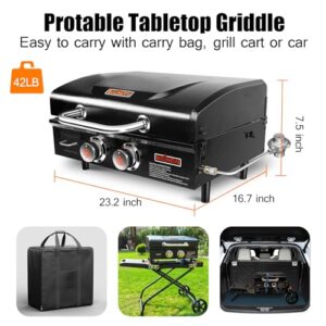 QuliMetal Portable Griddle Flat Top Grill 22 Inch Table Top Grill with Hood 2 Burner Gas Grill Propane Grill with Carry Bag Outdoor Griddle Camping Griddle 24,000 BTU 348 Sq 304 Stainless Steel