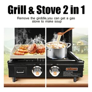 QuliMetal Portable Griddle Flat Top Grill 22 Inch Table Top Grill with Hood 2 Burner Gas Grill Propane Grill with Carry Bag Outdoor Griddle Camping Griddle 24,000 BTU 348 Sq 304 Stainless Steel