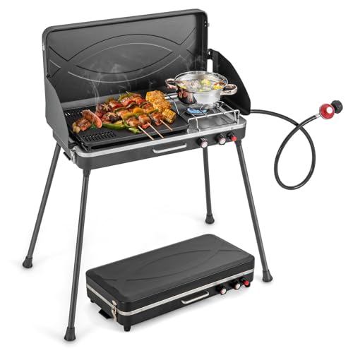 Giantex 2-in-1 Gas Camping Grill and Stove, Portable Propane Grill Burner with Dual Control Knobs, Detachable Legs, 3-Sided Wind Screen, Gas Hose with Regulator, 20,000 Total BTUs (Black)