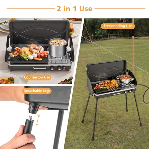 Giantex 2-in-1 Gas Camping Grill and Stove, Portable Propane Grill Burner with Dual Control Knobs, Detachable Legs, 3-Sided Wind Screen, Gas Hose with Regulator, 20,000 Total BTUs (Black)