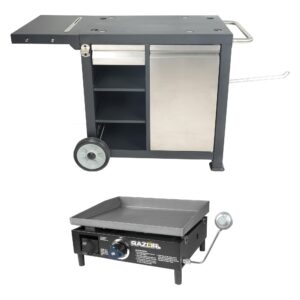 razor universal rolling prep cart with shelves and storage drawer for portable outdoor griddle and grills, accessory only, black