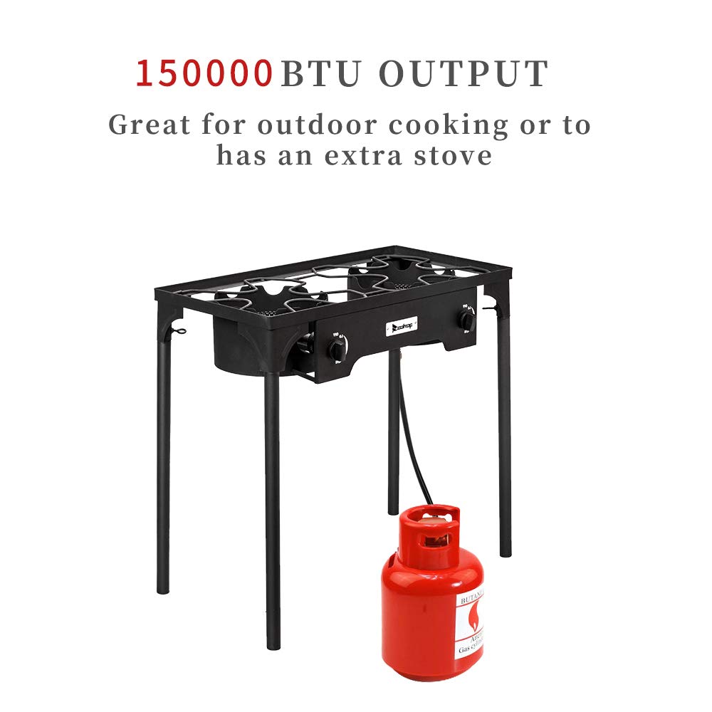 2 Burner Outdoor Camping Stove Portable Propane Gas Burners for Camping Cooking, 150,000 BTU High Pressure Cast Iron Outdoor Camping Burner with CSA Listed Regulator, Detachable Legs
