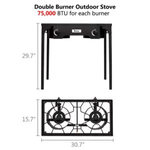 2 Burner Outdoor Camping Stove Portable Propane Gas Burners for Camping Cooking, 150,000 BTU High Pressure Cast Iron Outdoor Camping Burner with CSA Listed Regulator, Detachable Legs