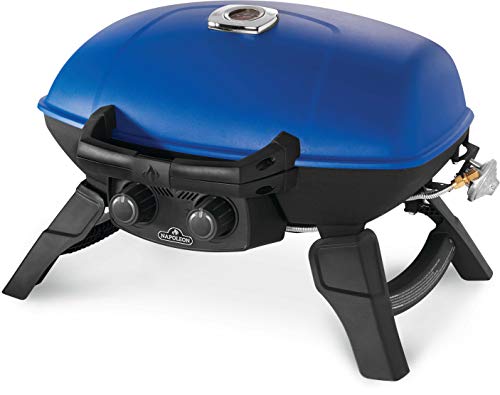 Napoleon TravelQ 285 Portable Gas BBQ Grill, Propane, Blue Lid - TQ285-BL-1 – Two Burners, Cast Iron Cooking Grids, Ideal for Camping & Tailgating