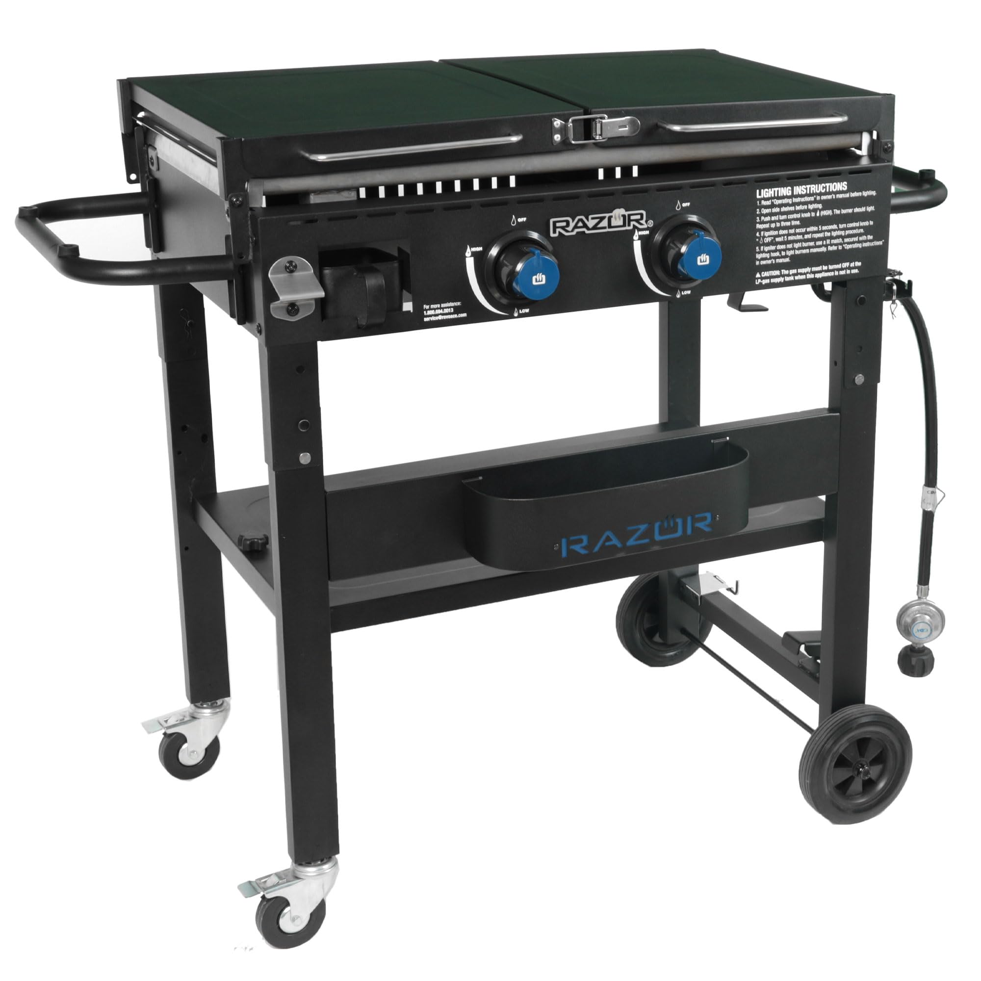 Razor Griddle Portable 2-Burner 30,000 BTU Gas Flattop Grill & Griddle Combo Cart with Foldable Side Shelves, Paper Towel and Condiment Holder, Black