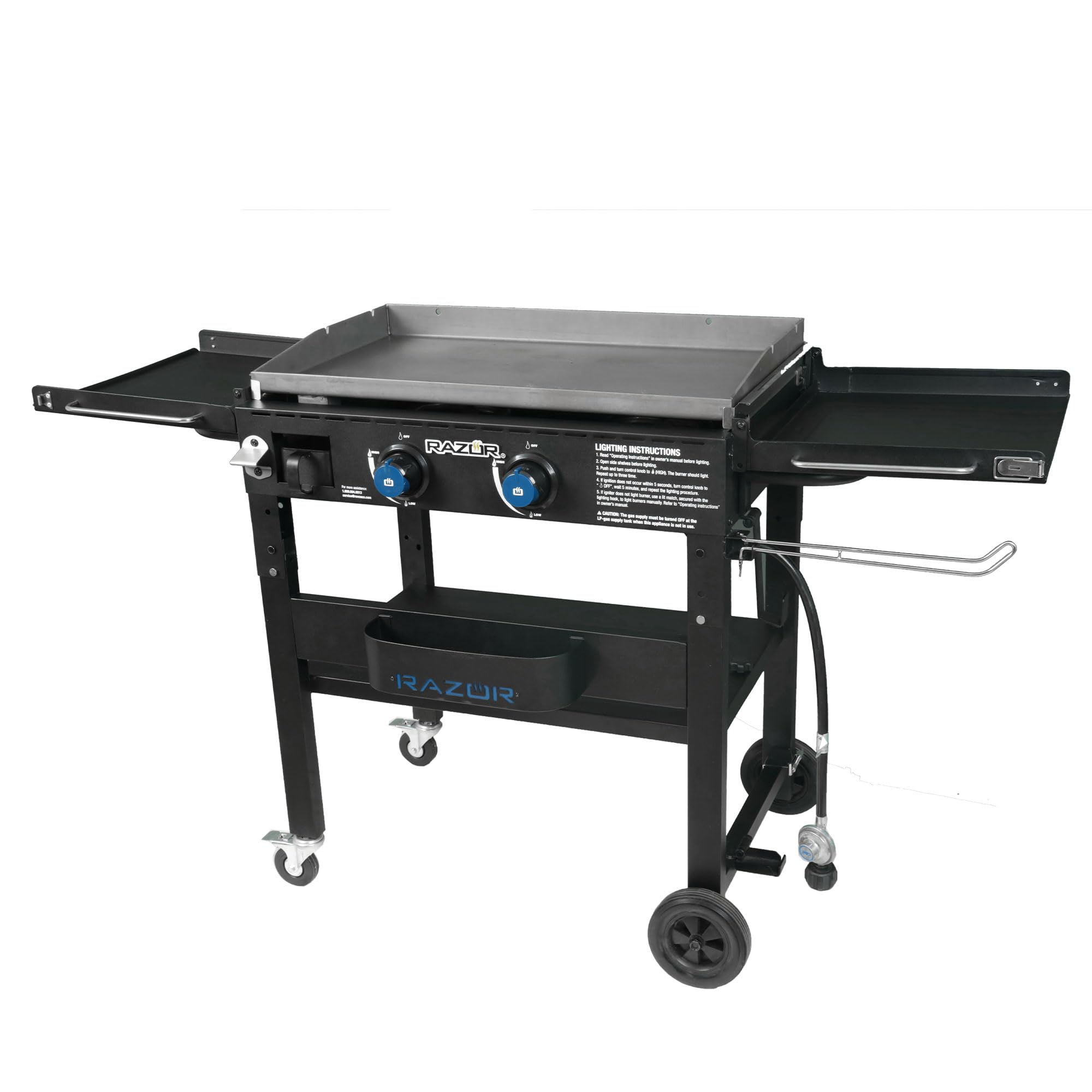 Razor Griddle Portable 2-Burner 30,000 BTU Gas Flattop Grill & Griddle Combo Cart with Foldable Side Shelves, Paper Towel and Condiment Holder, Black