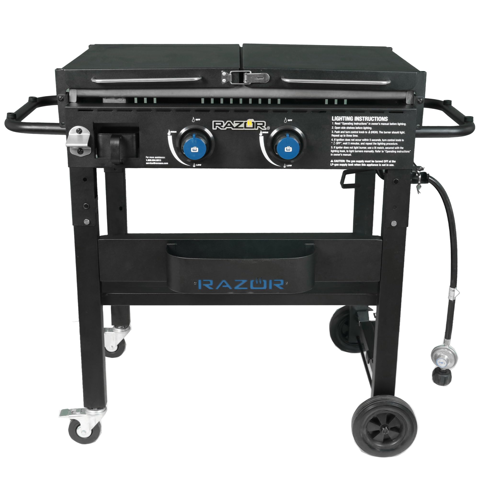 Razor Griddle Portable 2-Burner 30,000 BTU Gas Flattop Grill & Griddle Combo Cart with Foldable Side Shelves, Paper Towel and Condiment Holder, Black