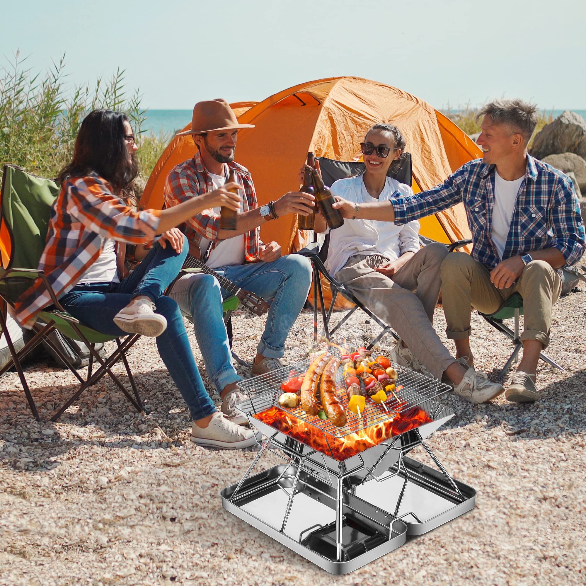 Fltom Portable Charcoal Grill, Folding Stainless Steel Camping Fire Pit, Backpacking Grill for Outdoor Cooking Hiking Camping Picnics