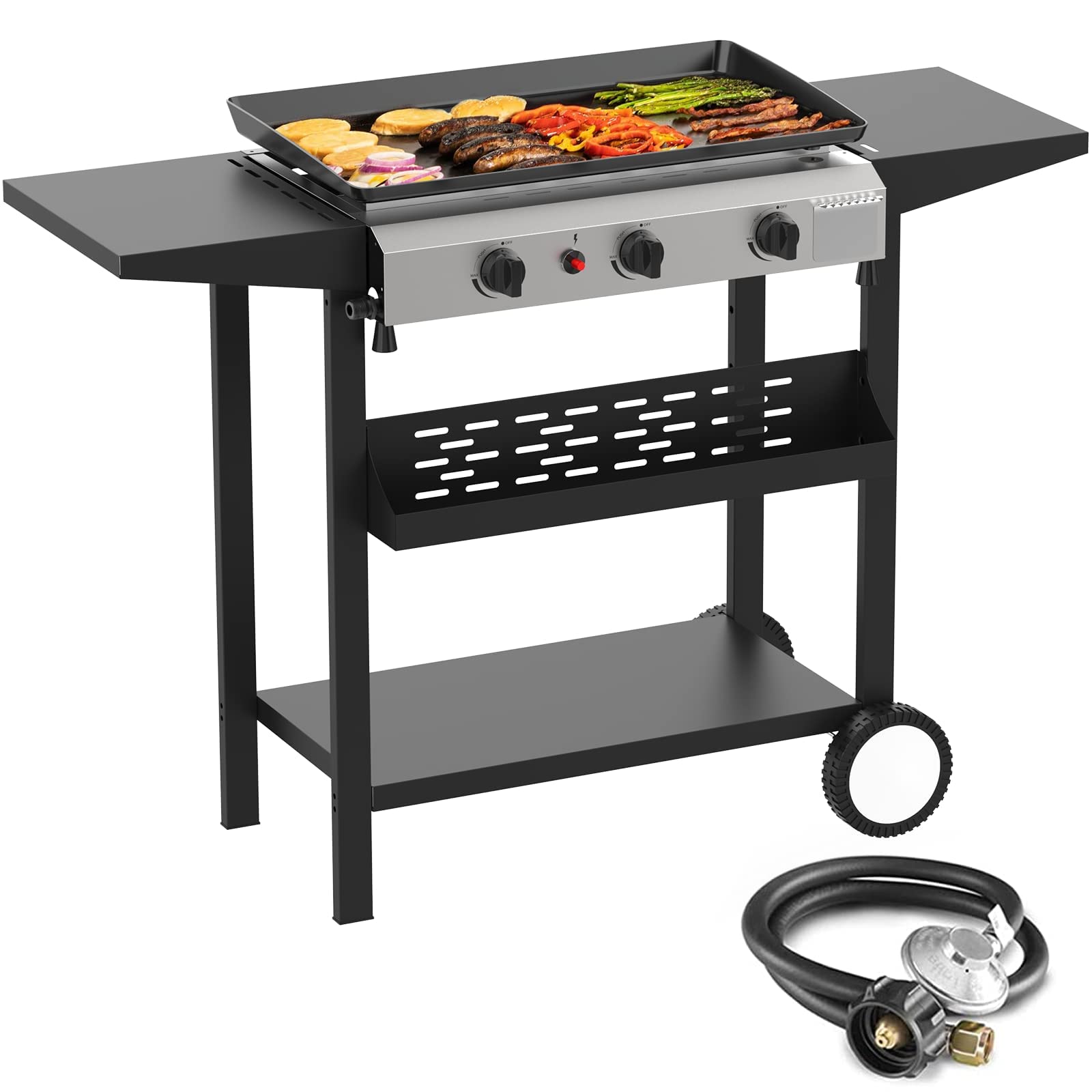 SKOK 3 Burner Gas Griddle- 23.3 Inch Outdoor Propane Griddle-30000 BTU Propane Fuelled, Portable Flat Top Gas Grill Camping Griddle Station with Side Shelves for Kitchen, BBQ, Camping Tailgating