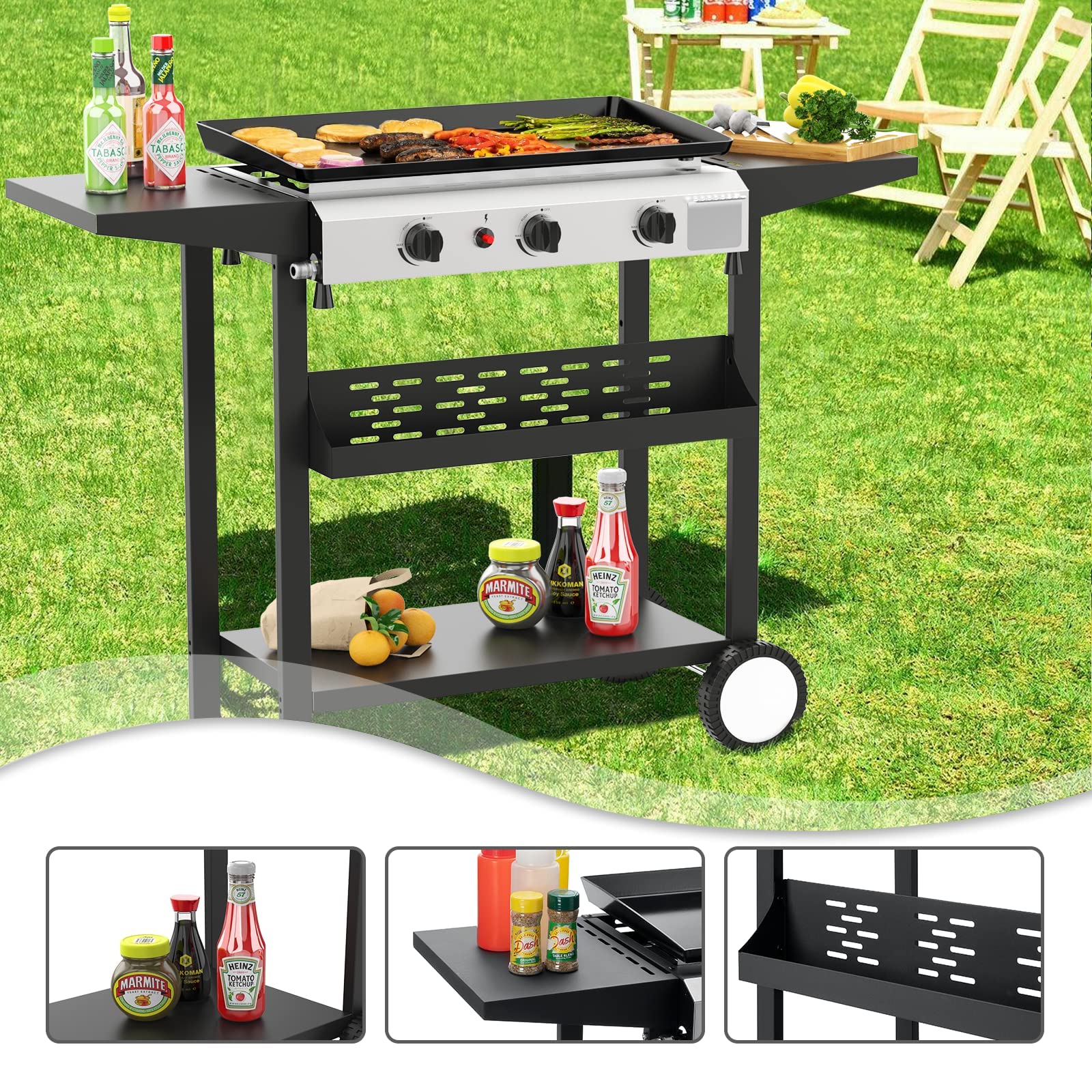 SKOK 3 Burner Gas Griddle- 23.3 Inch Outdoor Propane Griddle-30000 BTU Propane Fuelled, Portable Flat Top Gas Grill Camping Griddle Station with Side Shelves for Kitchen, BBQ, Camping Tailgating