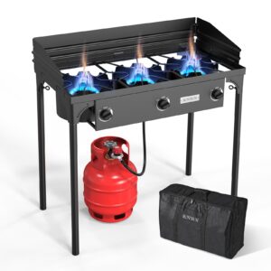 rovsun 3 burner propane gas stove with carrying bag, 225,000 btu patio outdoor camping burner with wind panel & csa listed regulator, picnic cooker for home patio cooking brewing turkey frying canning