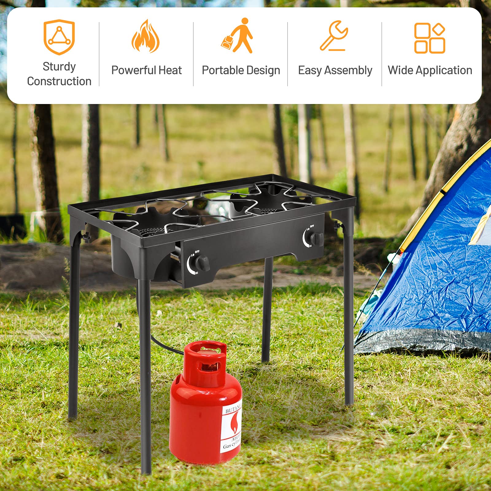 Giantex Outdoor Double Burner Stove, High Pressure 2 Burner Stand Max. 150,000 BTU total, 0-20 PSI Regulator Detachable Legs, Portable Dual Propane Grill Burner Stove for Camping Picnic Cookout