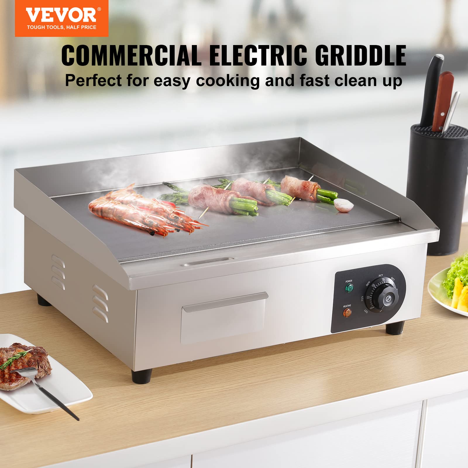 22" 1600W Electric Countertop Griddle with Adjustable Temp Control - VEVOR