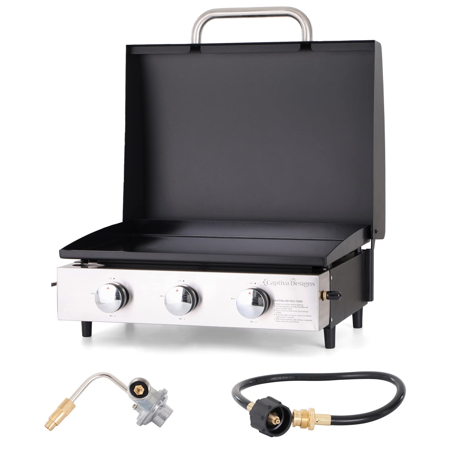 Sophia & William Flat Top Grill with Lid and Ceramic Coated Cast Iron Griddle, 3-Burner Tabletop Propane Gas BBQ Griddle, Portable Outdoor Barbecue Grill,24,000 BTU,Black