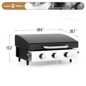 Sophia & William Flat Top Grill with Lid and Ceramic Coated Cast Iron Griddle, 3-Burner Tabletop Propane Gas BBQ Griddle, Portable Outdoor Barbecue Grill,24,000 BTU,Black