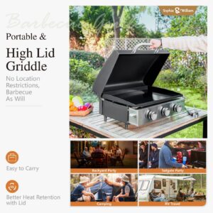 Sophia & William Flat Top Grill with Lid and Ceramic Coated Cast Iron Griddle, 3-Burner Tabletop Propane Gas BBQ Griddle, Portable Outdoor Barbecue Grill,24,000 BTU,Black