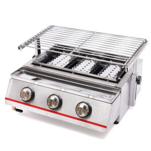 commercial gas lpg grill, 3 burners smokeless gas grill with separate switch, portable barbecue gas lpg grill with oil catching pan & food pan, bbq gas grill for indoor, outdoor