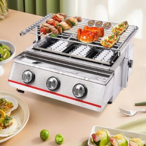 Commercial Gas LPG Grill, 3 Burners Smokeless Gas Grill with Separate Switch, Portable Barbecue Gas LPG Grill with Oil Catching Pan & Food Pan, BBQ Gas Grill for Indoor, Outdoor
