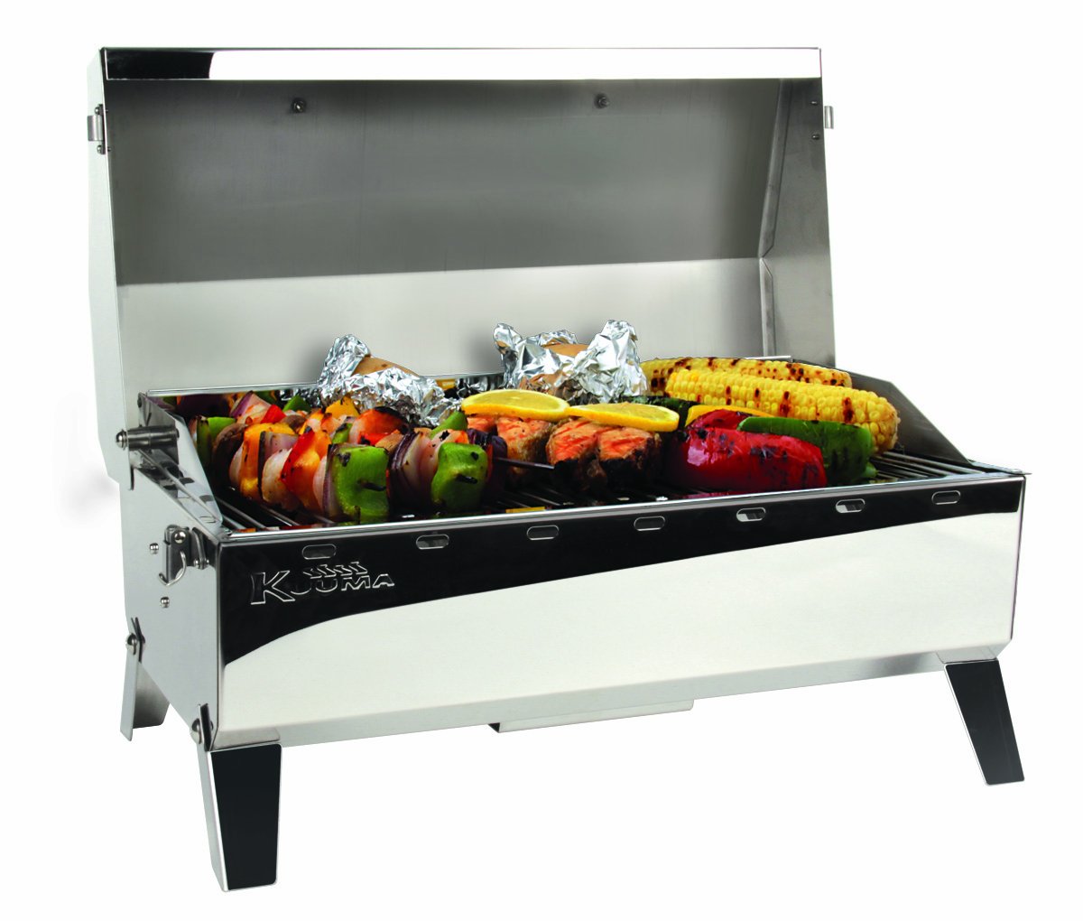 Kuuma "Kuuma Premium Stainless Steel Mountable Charcoal Grill w/Inner Lid Liner by Camco -Compact Portable Size Perfect for Boats, Tailgating and More - Stow N Go 160"" (58110)", silver