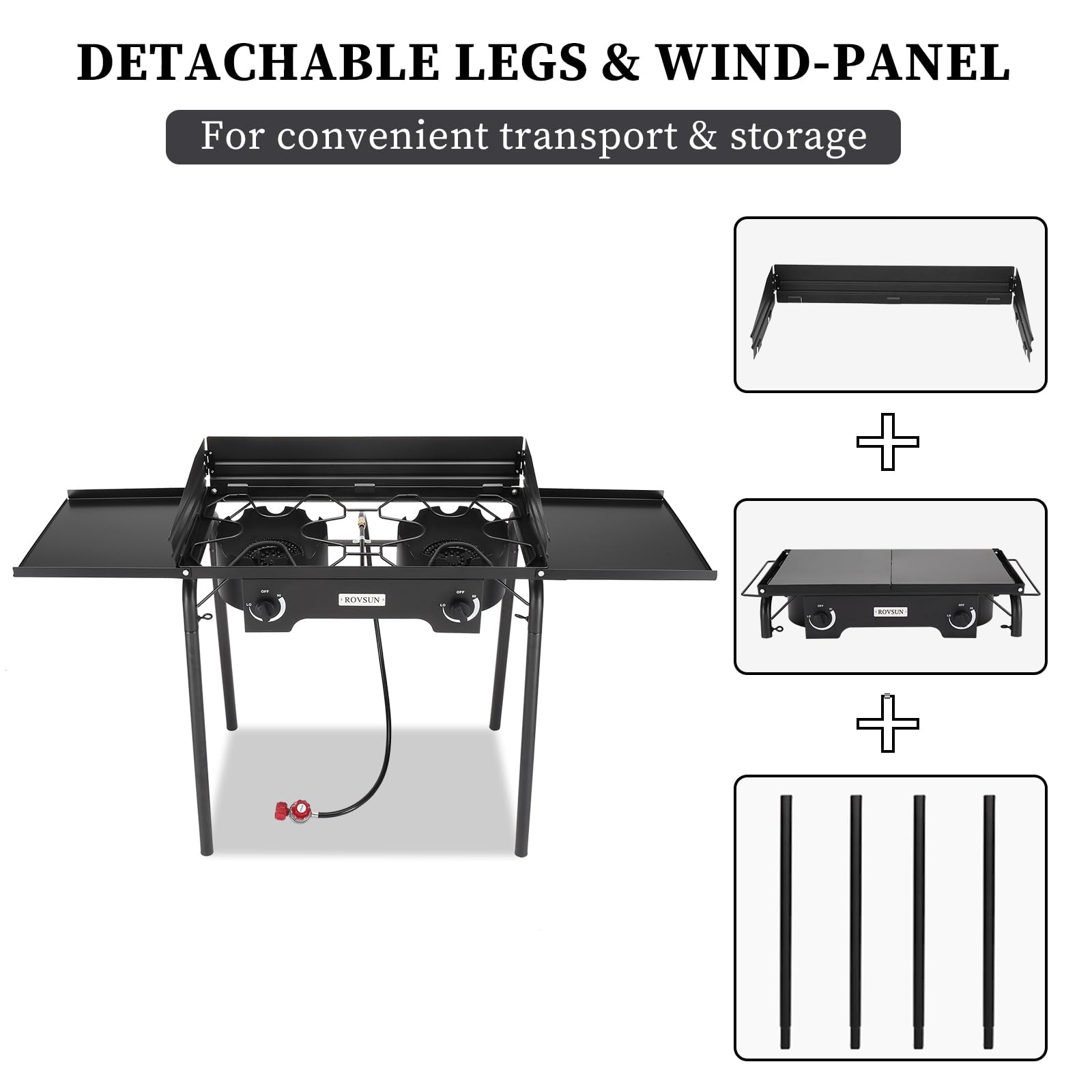 ROVSUN 2 Burner Outdoor Camping Stove with Wind Panel & Shelves, Heavy Sturdy Propane Burner, Gas Cooker with Detachable Legs & CSA Regulator & Carrying Bag for Home Camp Paito Cooking Frying Canning