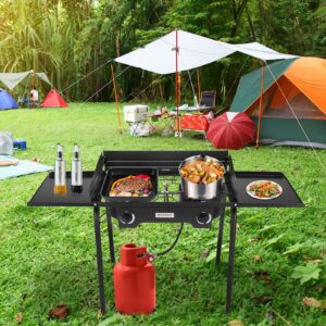 ROVSUN 2 Burner Outdoor Camping Stove with Wind Panel & Shelves, Heavy Sturdy Propane Burner, Gas Cooker with Detachable Legs & CSA Regulator & Carrying Bag for Home Camp Paito Cooking Frying Canning