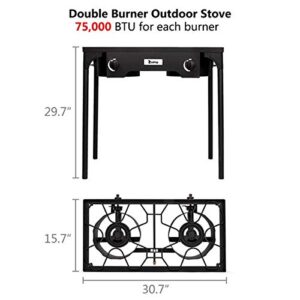 Outdoor Camp Stove High Pressure Propane Gas Cooker Portable Cast Iron Patio Cooking Burner (Double Burner 150000-BTU)