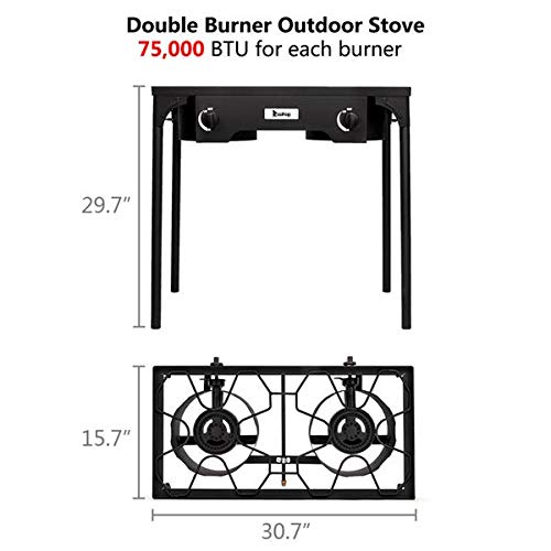 Outdoor Camp Stove High Pressure Propane Gas Cooker Portable Cast Iron Patio Cooking Burner (Double Burner 150000-BTU)