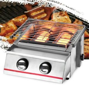 smokeless grill indoor tabletop lpg grill height adjustable 2 burners bbq stove compact protable small grill, 13.9"x16.53"x7.67",stainless steel barbeque stove grill for paties,rv trip etc. (2 burners)