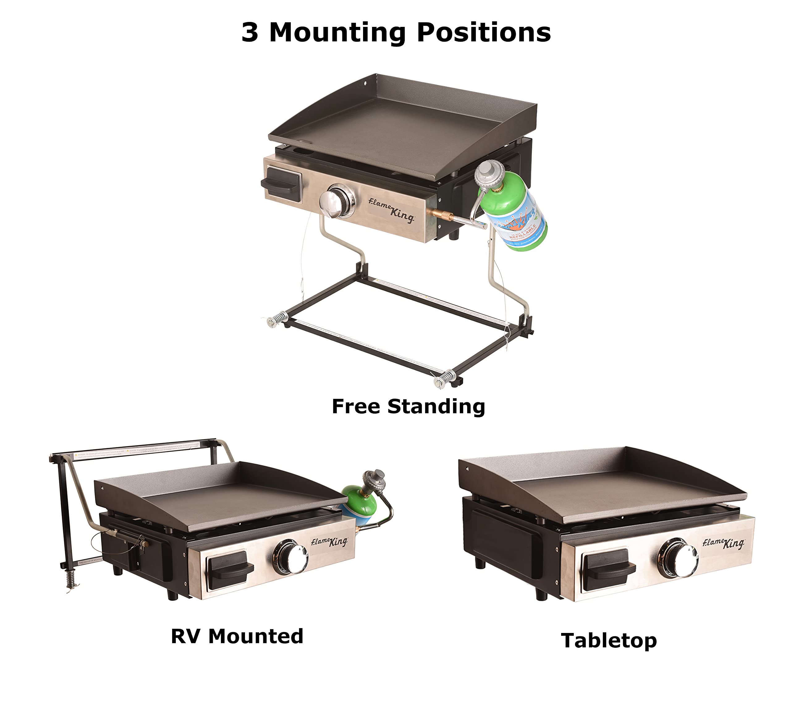 Flame King Flat Top Portable Propane Cast Iron Grill Griddle Tabletop, RV or Wall Mounted, Stand on Floor for Outdoor Camping, RV, Marine,Black | Flame King Propane 12ft RV Quick Connect Hose Adapter