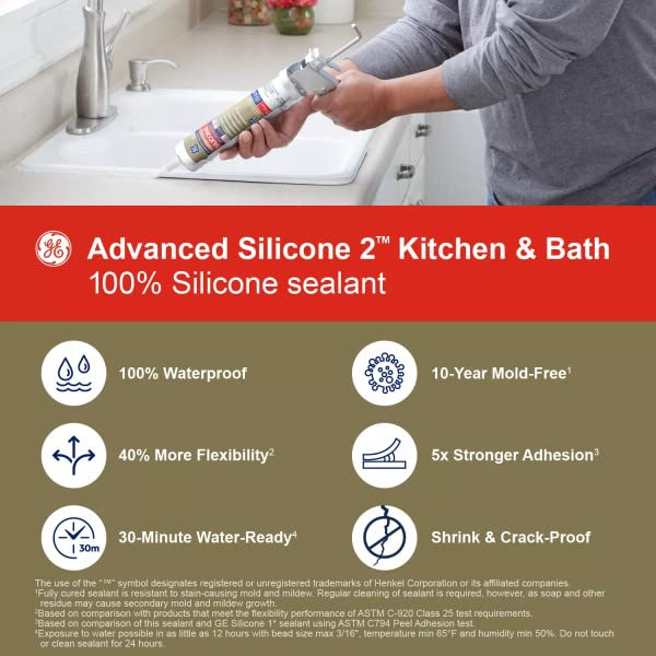 GE Advanced Silicone Caulk for Kitchen & Bathroom - 100% Waterproof Silicone Sealant, 5X Stronger Adhesion, Shrink & Crack Proof - 10 oz Cartridge, Clear, Pack of 1