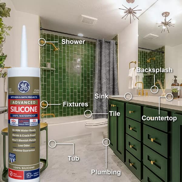 GE Advanced Silicone Caulk for Kitchen & Bathroom - 100% Waterproof Silicone Sealant, 5X Stronger Adhesion, Shrink & Crack Proof - 10 oz Cartridge, Clear, Pack of 1