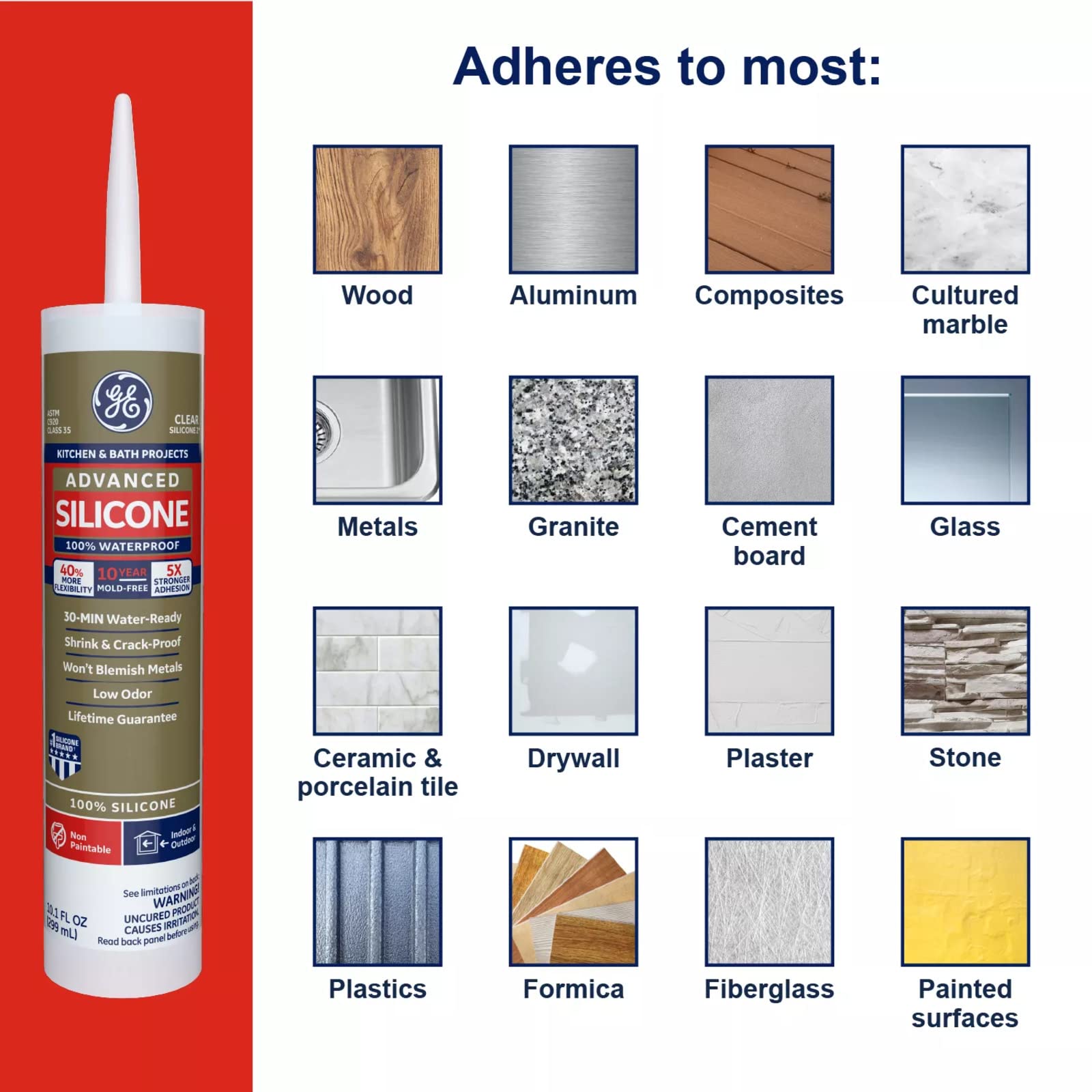 GE Sealants & Adhesives 281 Advanced Silicone 2 Kitchen & Bath Sealant, 2.8oz, White