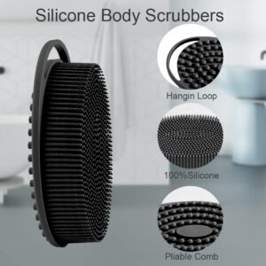 Soft Silicone Body Scrubber 2 PCS Silicone Body Shower, Silicone Loofah 2 in 1 Bath and Shampoo Brush, Body Scrubber Shower Cleaning Exfoliating Use for Sensitive Skin, Lather Well(Black and Pink)