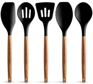 zulay kitchen utensils set non-stick silicone cooking utensils set with authentic acacia wood handles - 5 piece silicone utensil set - silicone kitchen utensils set with 464°f heat resistance - black