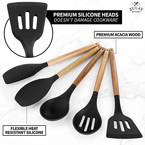 Zulay Kitchen Utensils Set Non-Stick Silicone Cooking Utensils Set with Authentic Acacia Wood Handles - 5 Piece Silicone Utensil Set - Silicone Kitchen Utensils Set with 464°F Heat Resistance - Black