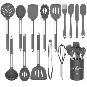 silicone cooking utensil set,umite chef kitchen utensils 15pcs set non-stick heat resistan bpa-free stainless steel handle tools whisk - grey