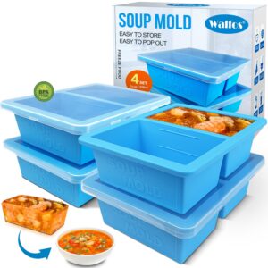 Walfos 1-Cup Silicone Freezer Molds with Lid, 4 Packs Soup Freezer Ice Cube Tray For Food, Silicone Food Freezing Container For Storing and Freezing Soup, Broth, Sauce and Ice.