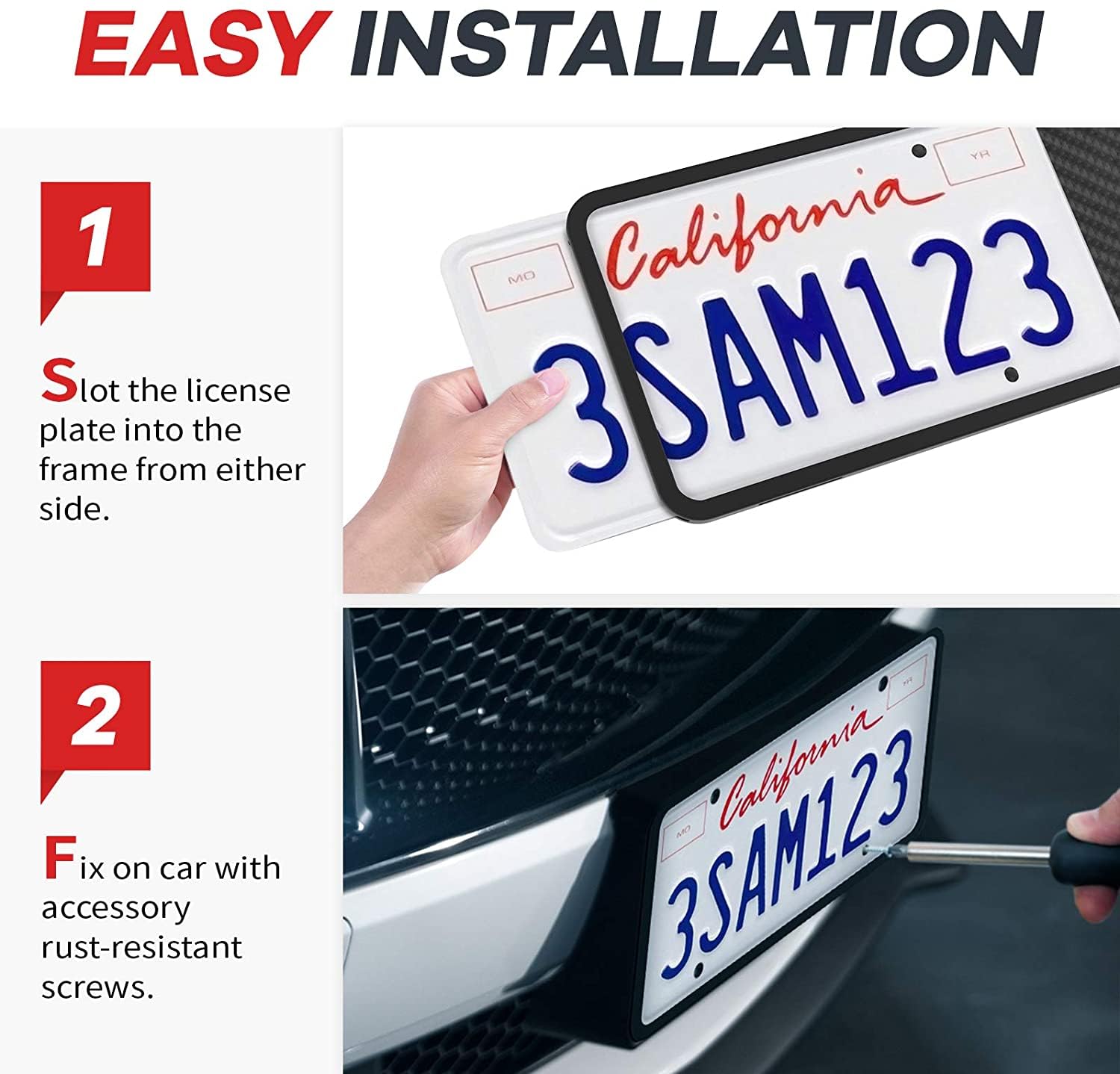 Aujen Silicone License Plate Frames,2 Pack Black Side-Opening License Bracket Holder with Easy Installation, License Plate Frame Without Obstruction.Rustproof, Rattle Proof & Weatherproof Universal