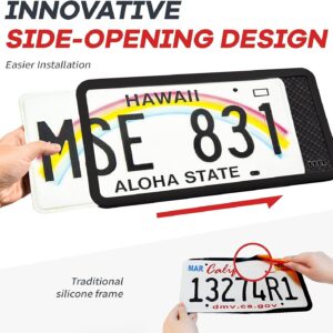 Aujen Silicone License Plate Frames,2 Pack Black Side-Opening License Bracket Holder with Easy Installation, License Plate Frame Without Obstruction.Rustproof, Rattle Proof & Weatherproof Universal