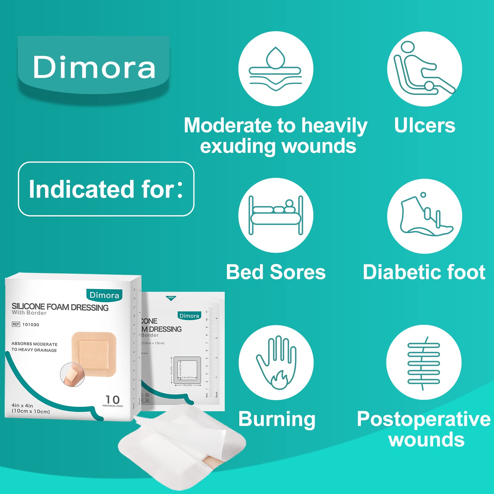 Dimora Silicone Foam Dressing with Border Adhesive 4"x4" Wound Dressing First Aid Bandage for Wound Care 10 Pack FSA/HSA Approved