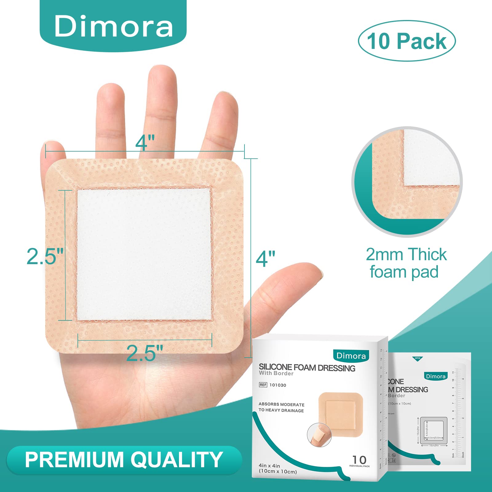 Dimora Silicone Foam Dressing with Border Adhesive 4"x4" Wound Dressing First Aid Bandage for Wound Care 10 Pack FSA/HSA Approved