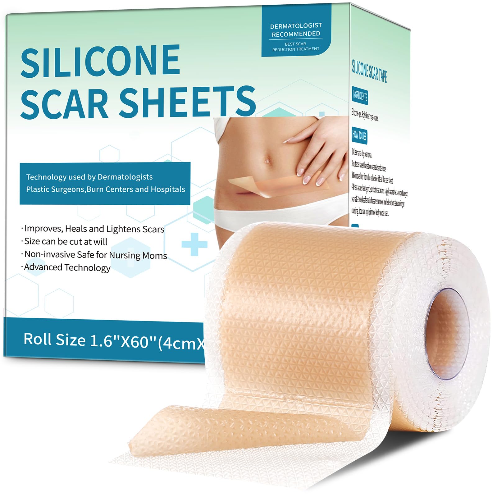 Silicone Scar Sheets, Silicone Scar Tape(1.6”x 60” Roll-1.5M), Silicone Scar Strips, Professional Scar Removal Sheets for Surgical Scars, Keloid, C-Section, Burn et
