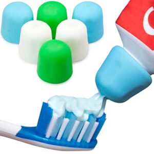 self closing toothpaste caps 6-pack by tilcare - no waste cap dispensers for adult and kids bathroom - mess-free toothpaste lids - easy to use, food grade silicone and bpa-free toppers