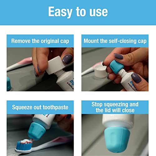 Self Closing Toothpaste Caps 6-Pack by Tilcare - No Waste Cap Dispensers for Adult and Kids Bathroom - Mess-Free Toothpaste Lids - Easy to Use, Food Grade Silicone and BPA-Free Toppers