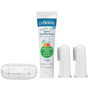 dr. brown's 100% silicone baby finger toothbrush and toothpaste set, 2-pack toothbrush with storage case, fluoride-free apple pear toddler toothpaste