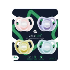 Tommee Tippee Ultra-light Silicone Pacifier, Symmetrical One-Piece Design, BPA-Free Silicone Binkies, 6-18 months, Pack of 4 Pacifiers