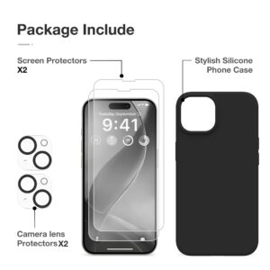 GONEZ for iPhone 14 Case Silicone, with 2X Screen Protector + 2X Camera Lens Protector, [Soft Anti-Scratch Microfiber Lining], Liquid Silicone Shockproof Protective Phone Cover 6.1", Black