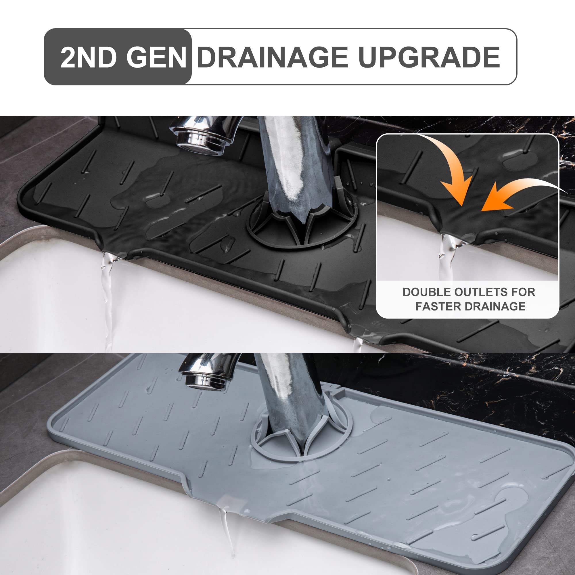 Meiliweser Silicone Sink Splash Guard Gen 2 - Slope Upgraded Faucet Mat, 15" x 5.5", Sink Gadgets-Splash Guard Behind Faucet Water Drip Catcher Mat for Kitchen, Bathroom, Sink Sponge Holder(Black)