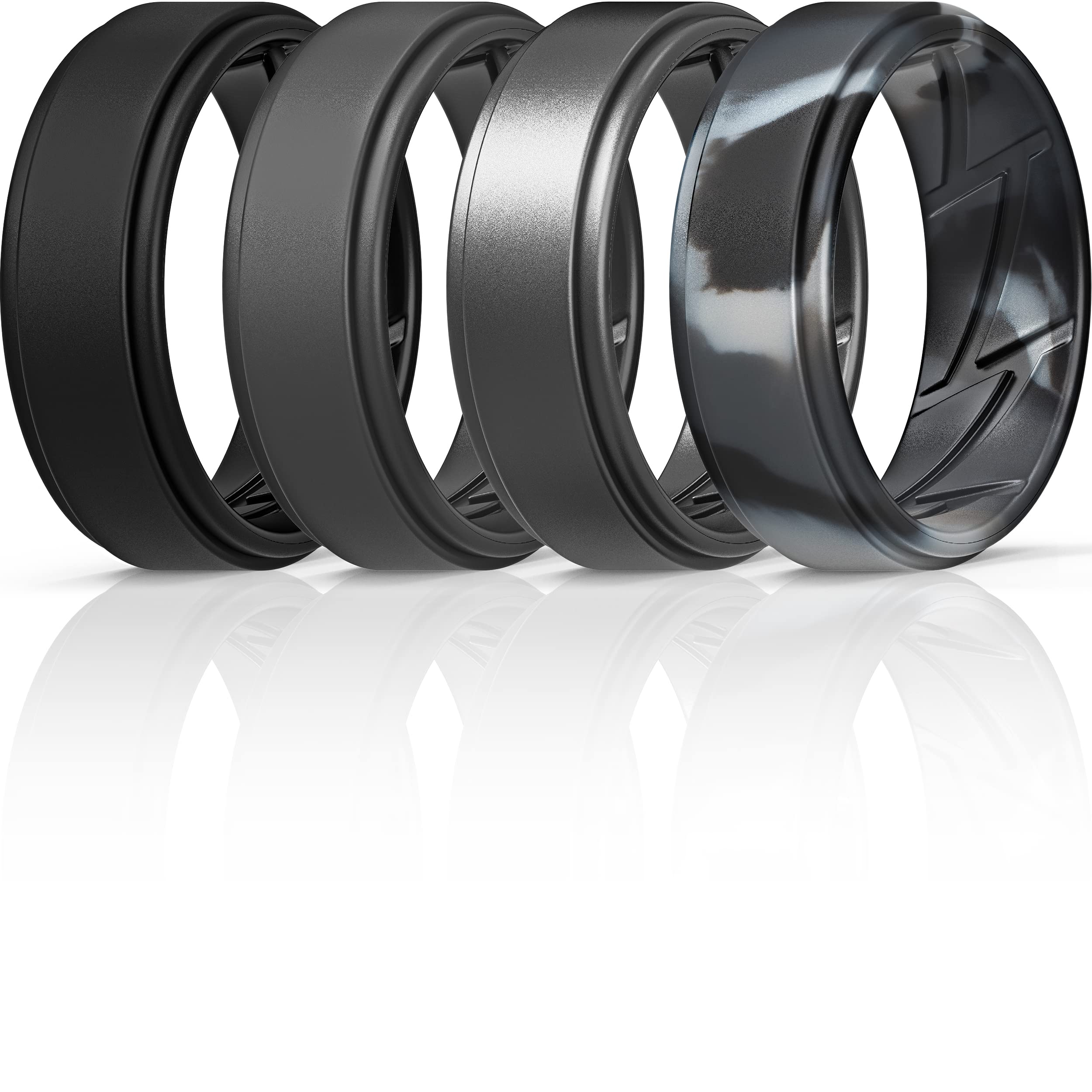 ThunderFit Silicone Wedding Rings for Men Breathable Airflow Inner Grooves, Step Edge Sleek Design Rubber Engagement Bands 8mm Wide 2mm Thick - 1/2/3/4/5/6/7 Variety Multipack