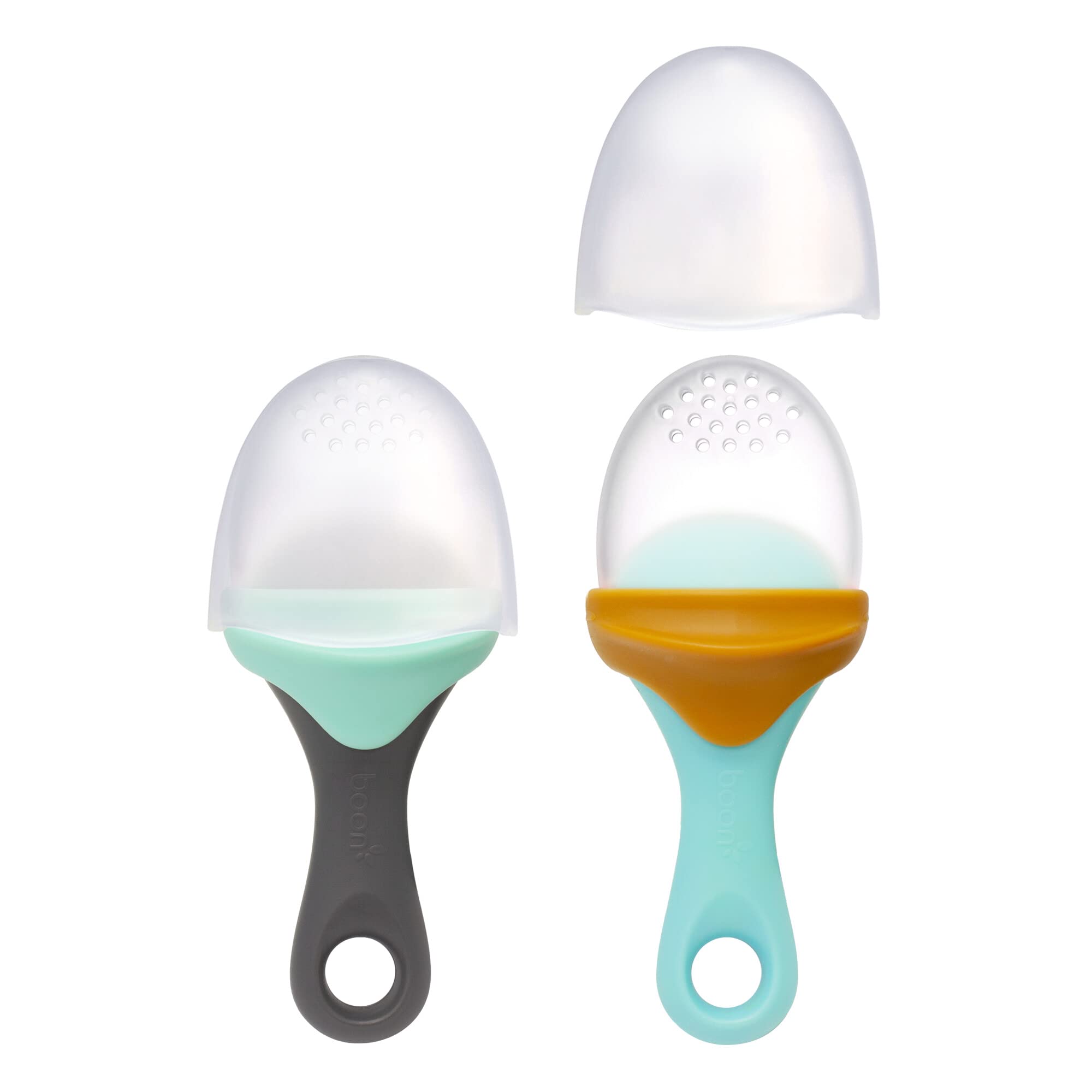 Boon Pulp Silicone Baby Fruit Feeder - Soft Silicone Baby Feeding Set - Fruit and Vegetable Baby Led Weaning Supplies - Baby Feeding Essentials - Blue/Mustard and Gray/Mint - 2 Count